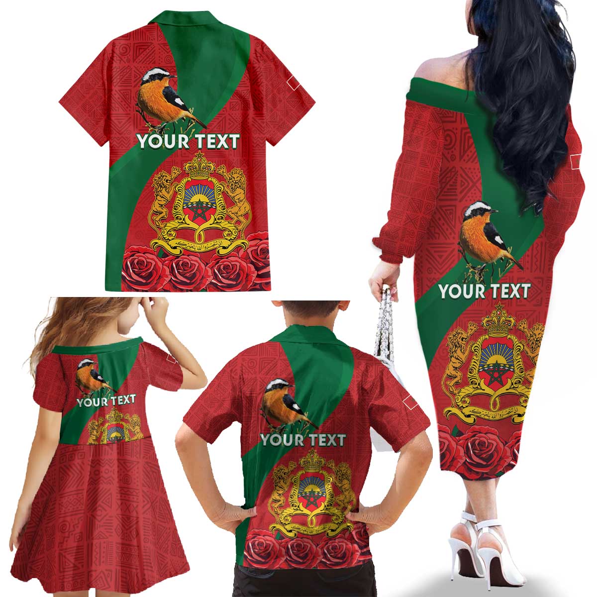 Personalised Morocco Proclamation Day Family Matching Off The Shoulder Long Sleeve Dress and Hawaiian Shirt Moussier's Redstart With Coat Of Arms - Wonder Print Shop