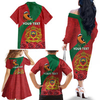 Personalised Morocco Proclamation Day Family Matching Off The Shoulder Long Sleeve Dress and Hawaiian Shirt Moussier's Redstart With Coat Of Arms - Wonder Print Shop