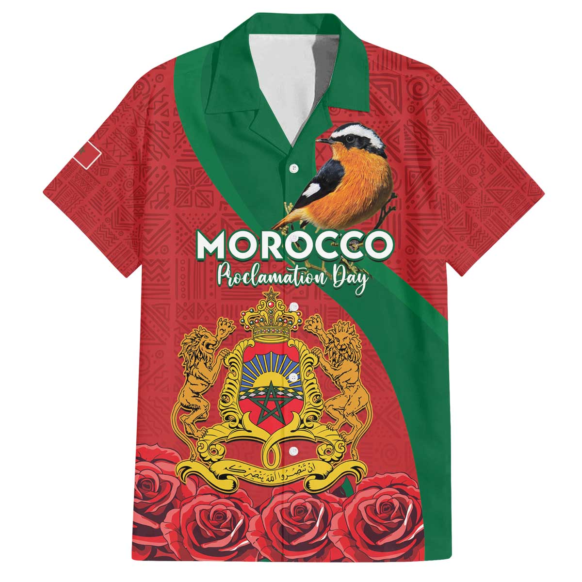 Personalised Morocco Proclamation Day Family Matching Off The Shoulder Long Sleeve Dress and Hawaiian Shirt Moussier's Redstart With Coat Of Arms - Wonder Print Shop