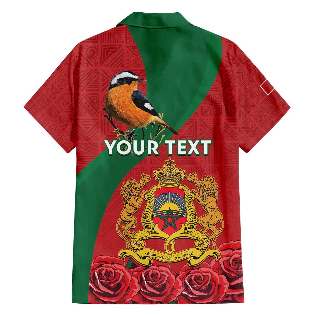 Personalised Morocco Proclamation Day Family Matching Off The Shoulder Long Sleeve Dress and Hawaiian Shirt Moussier's Redstart With Coat Of Arms - Wonder Print Shop