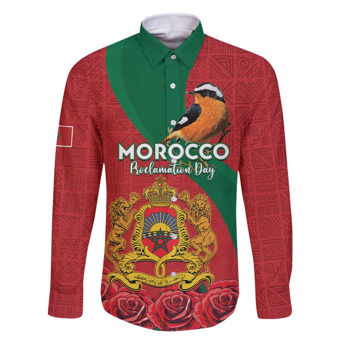 Personalised Morocco Proclamation Day Family Matching Off The Shoulder Long Sleeve Dress and Hawaiian Shirt Moussier's Redstart With Coat Of Arms - Wonder Print Shop