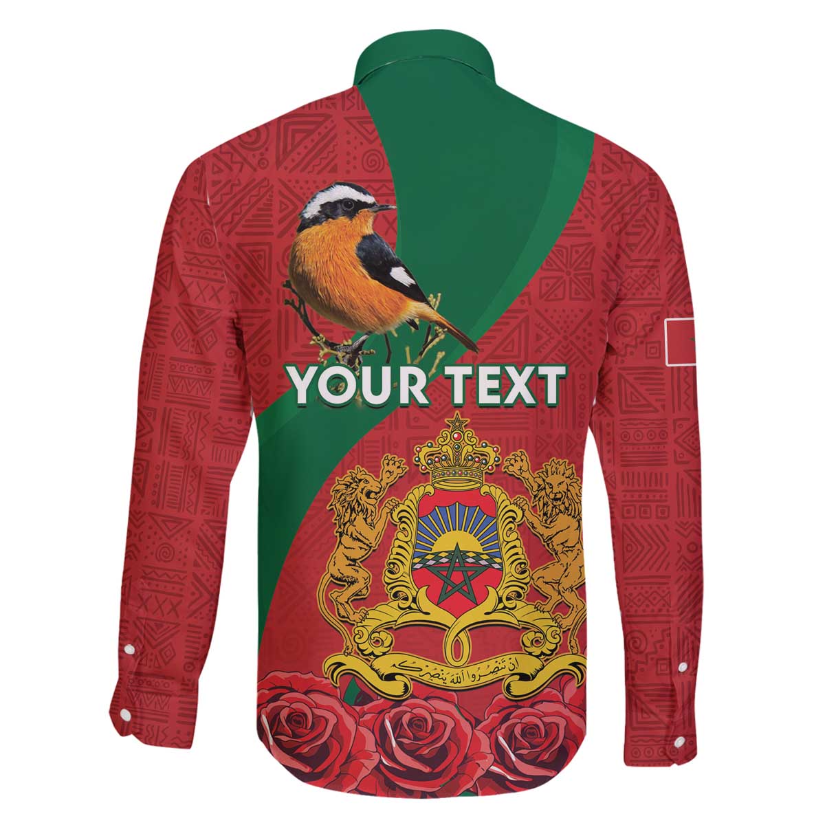 Personalised Morocco Proclamation Day Family Matching Off The Shoulder Long Sleeve Dress and Hawaiian Shirt Moussier's Redstart With Coat Of Arms - Wonder Print Shop