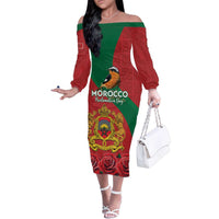 Personalised Morocco Proclamation Day Family Matching Off The Shoulder Long Sleeve Dress and Hawaiian Shirt Moussier's Redstart With Coat Of Arms - Wonder Print Shop