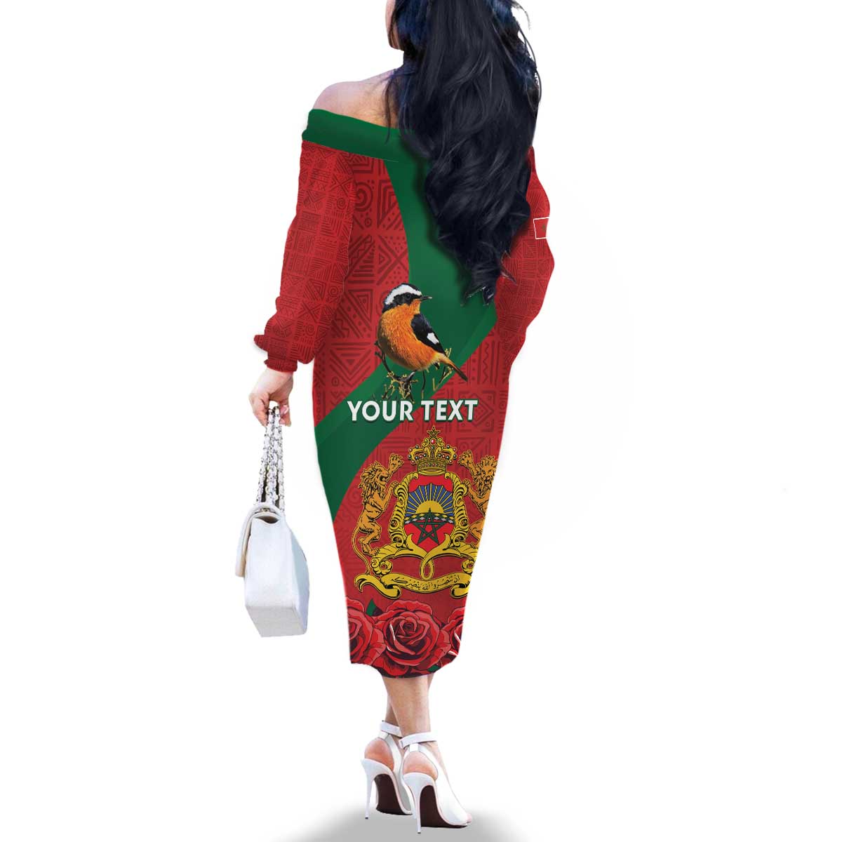 Personalised Morocco Proclamation Day Family Matching Off The Shoulder Long Sleeve Dress and Hawaiian Shirt Moussier's Redstart With Coat Of Arms - Wonder Print Shop
