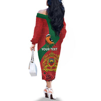 Personalised Morocco Proclamation Day Family Matching Off The Shoulder Long Sleeve Dress and Hawaiian Shirt Moussier's Redstart With Coat Of Arms - Wonder Print Shop