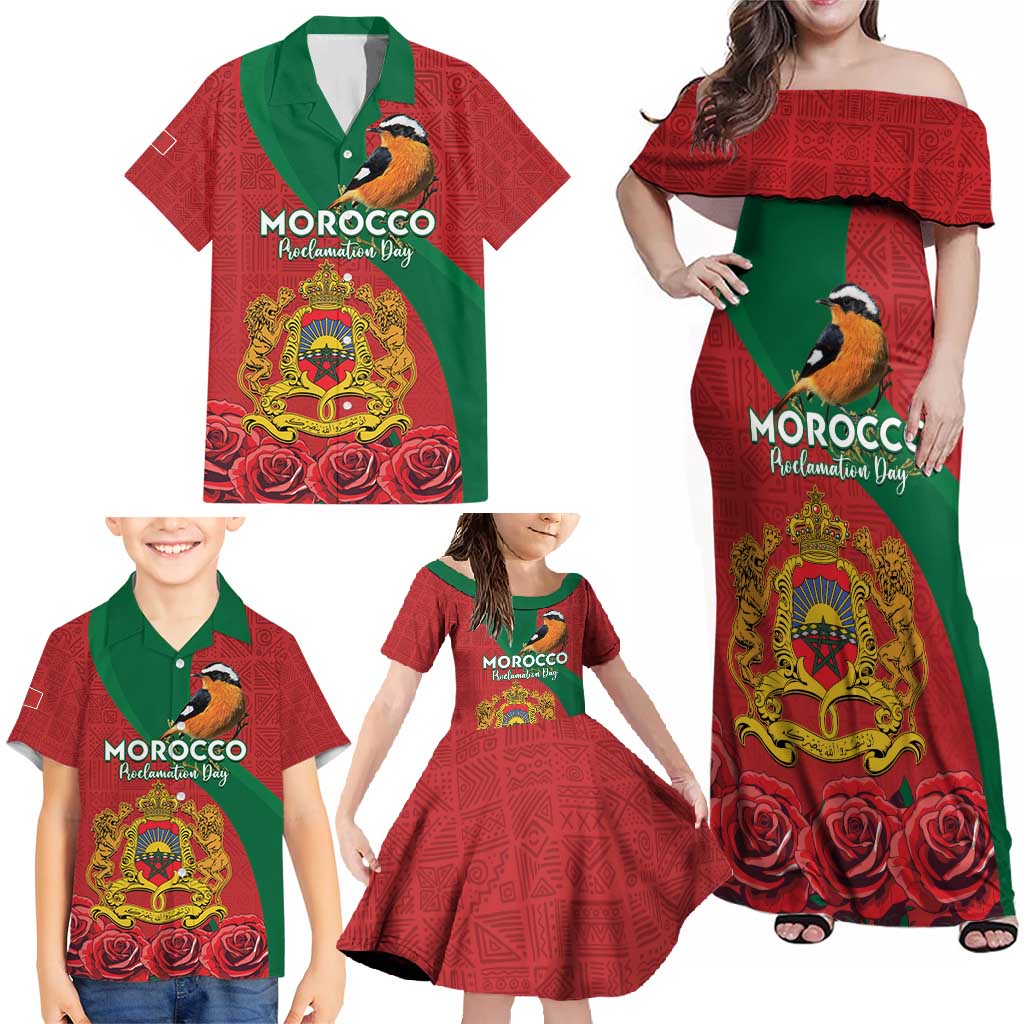 Personalised Morocco Proclamation Day Family Matching Off Shoulder Maxi Dress and Hawaiian Shirt Moussier's Redstart With Coat Of Arms - Wonder Print Shop