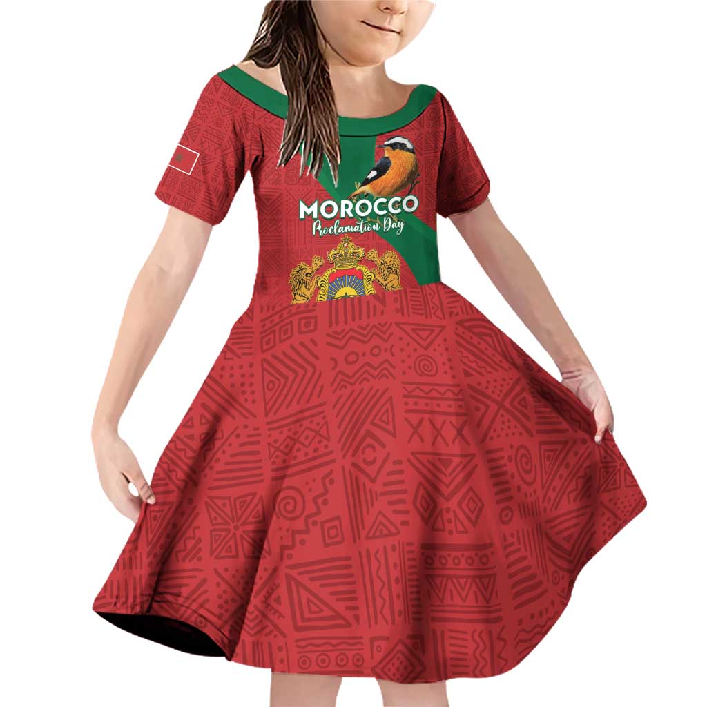 Personalised Morocco Proclamation Day Family Matching Off Shoulder Short Dress and Hawaiian Shirt Moussier's Redstart With Coat Of Arms - Wonder Print Shop