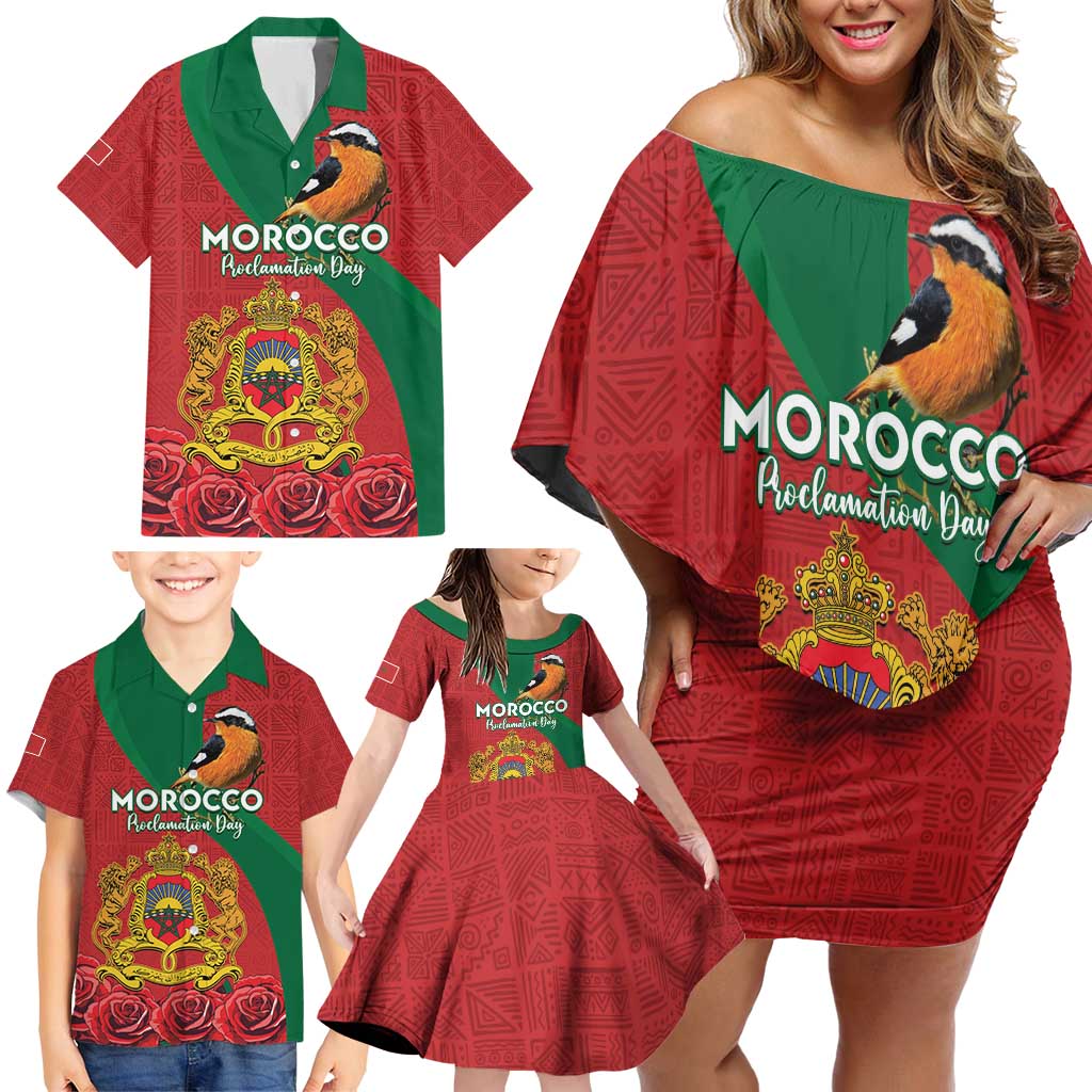 Personalised Morocco Proclamation Day Family Matching Off Shoulder Short Dress and Hawaiian Shirt Moussier's Redstart With Coat Of Arms - Wonder Print Shop