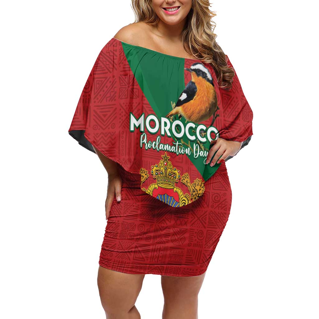 Personalised Morocco Proclamation Day Family Matching Off Shoulder Short Dress and Hawaiian Shirt Moussier's Redstart With Coat Of Arms - Wonder Print Shop