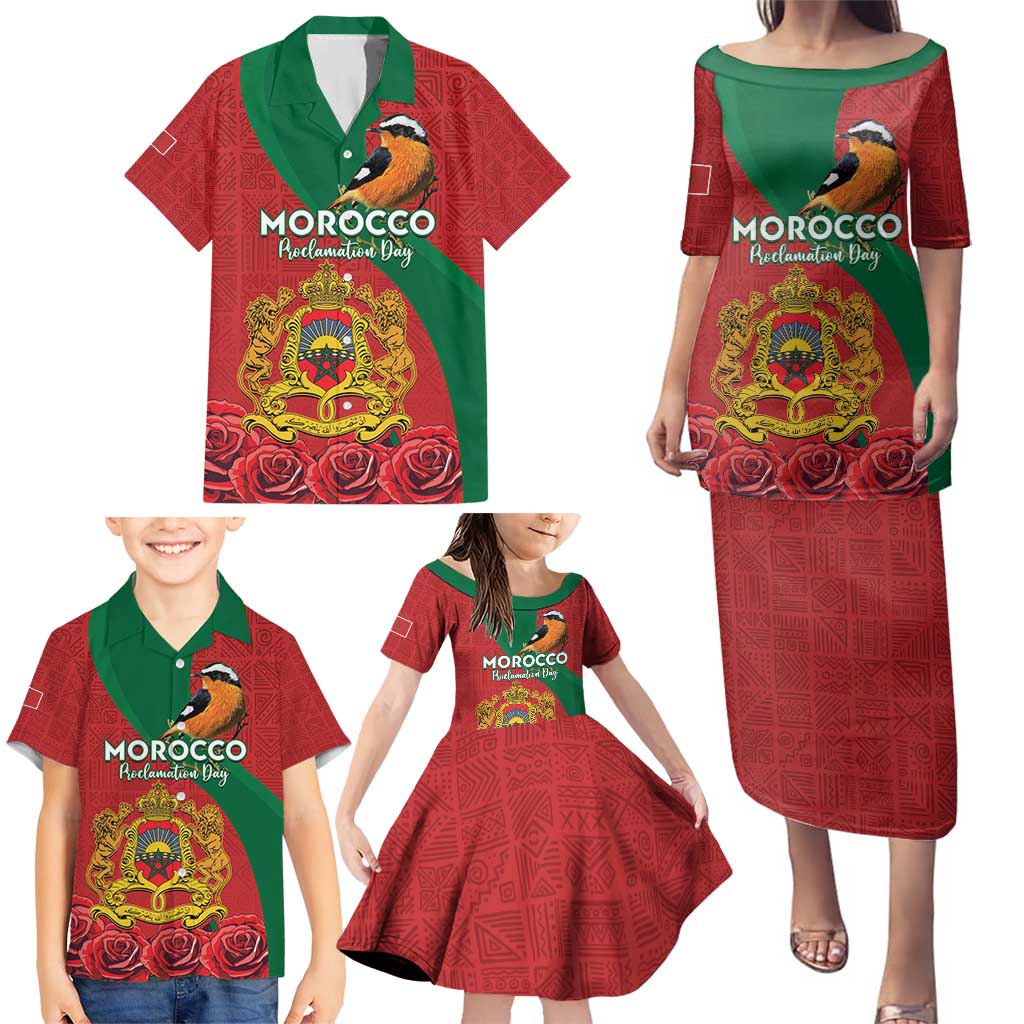 Personalised Morocco Proclamation Day Family Matching Puletasi and Hawaiian Shirt Moussier's Redstart With Coat Of Arms - Wonder Print Shop