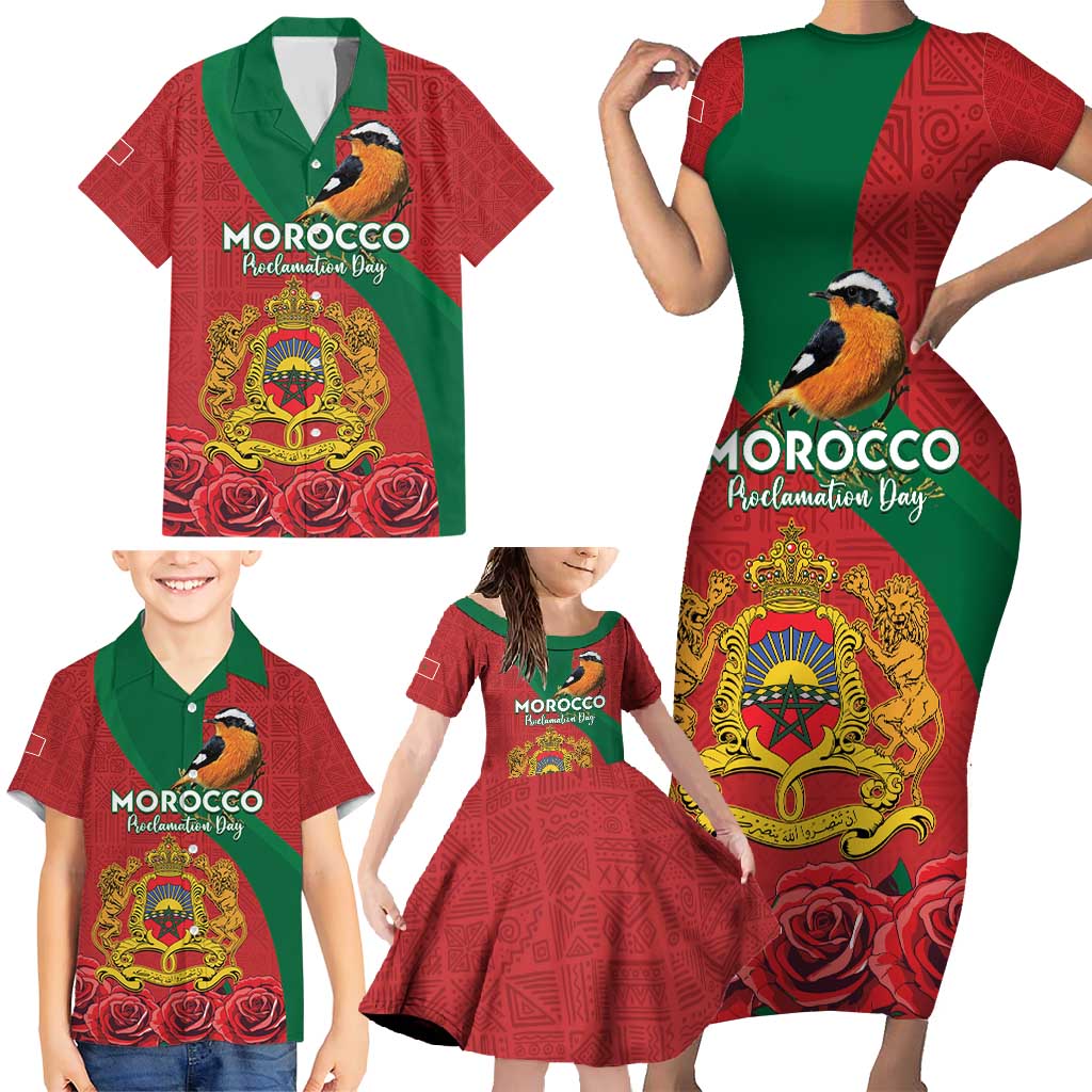 Personalised Morocco Proclamation Day Family Matching Short Sleeve Bodycon Dress and Hawaiian Shirt Moussier's Redstart With Coat Of Arms - Wonder Print Shop
