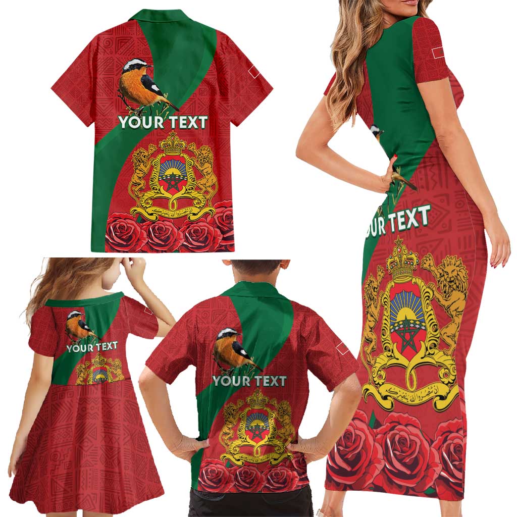 Personalised Morocco Proclamation Day Family Matching Short Sleeve Bodycon Dress and Hawaiian Shirt Moussier's Redstart With Coat Of Arms - Wonder Print Shop