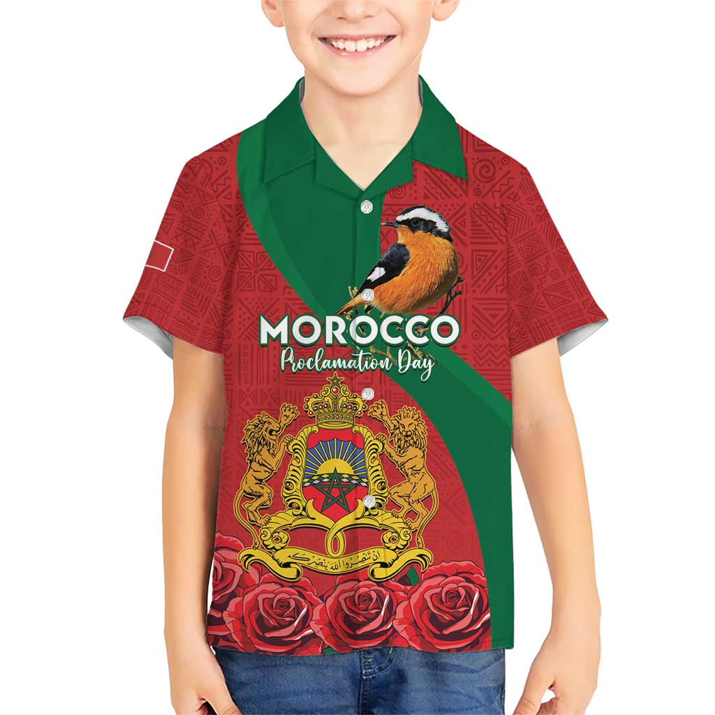 Personalised Morocco Proclamation Day Family Matching Short Sleeve Bodycon Dress and Hawaiian Shirt Moussier's Redstart With Coat Of Arms - Wonder Print Shop