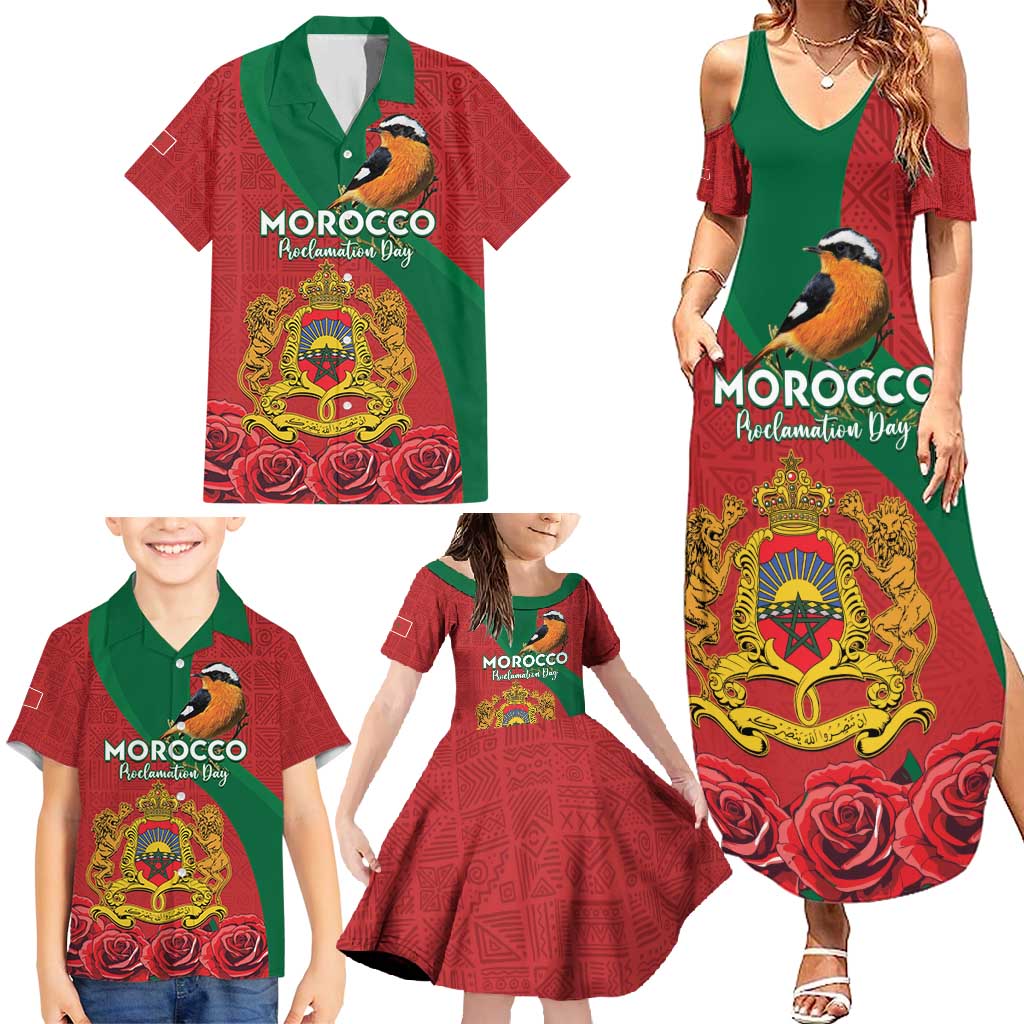 Personalised Morocco Proclamation Day Family Matching Summer Maxi Dress and Hawaiian Shirt Moussier's Redstart With Coat Of Arms - Wonder Print Shop