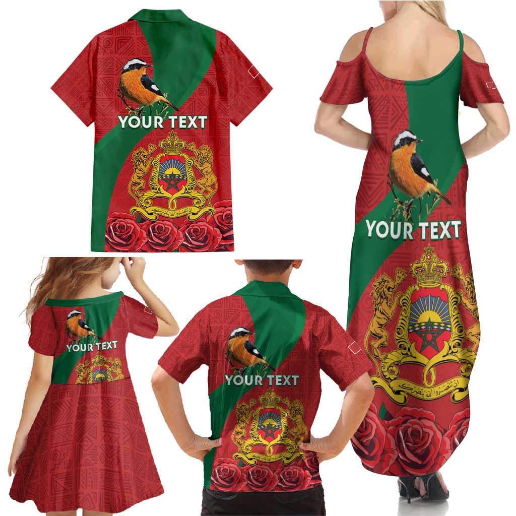 Personalised Morocco Proclamation Day Family Matching Summer Maxi Dress and Hawaiian Shirt Moussier's Redstart With Coat Of Arms - Wonder Print Shop
