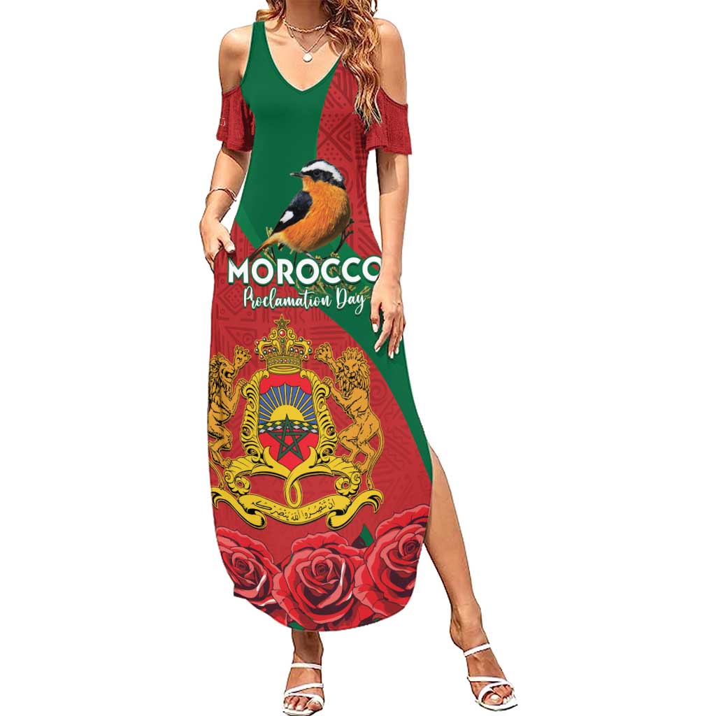 Personalised Morocco Proclamation Day Family Matching Summer Maxi Dress and Hawaiian Shirt Moussier's Redstart With Coat Of Arms - Wonder Print Shop