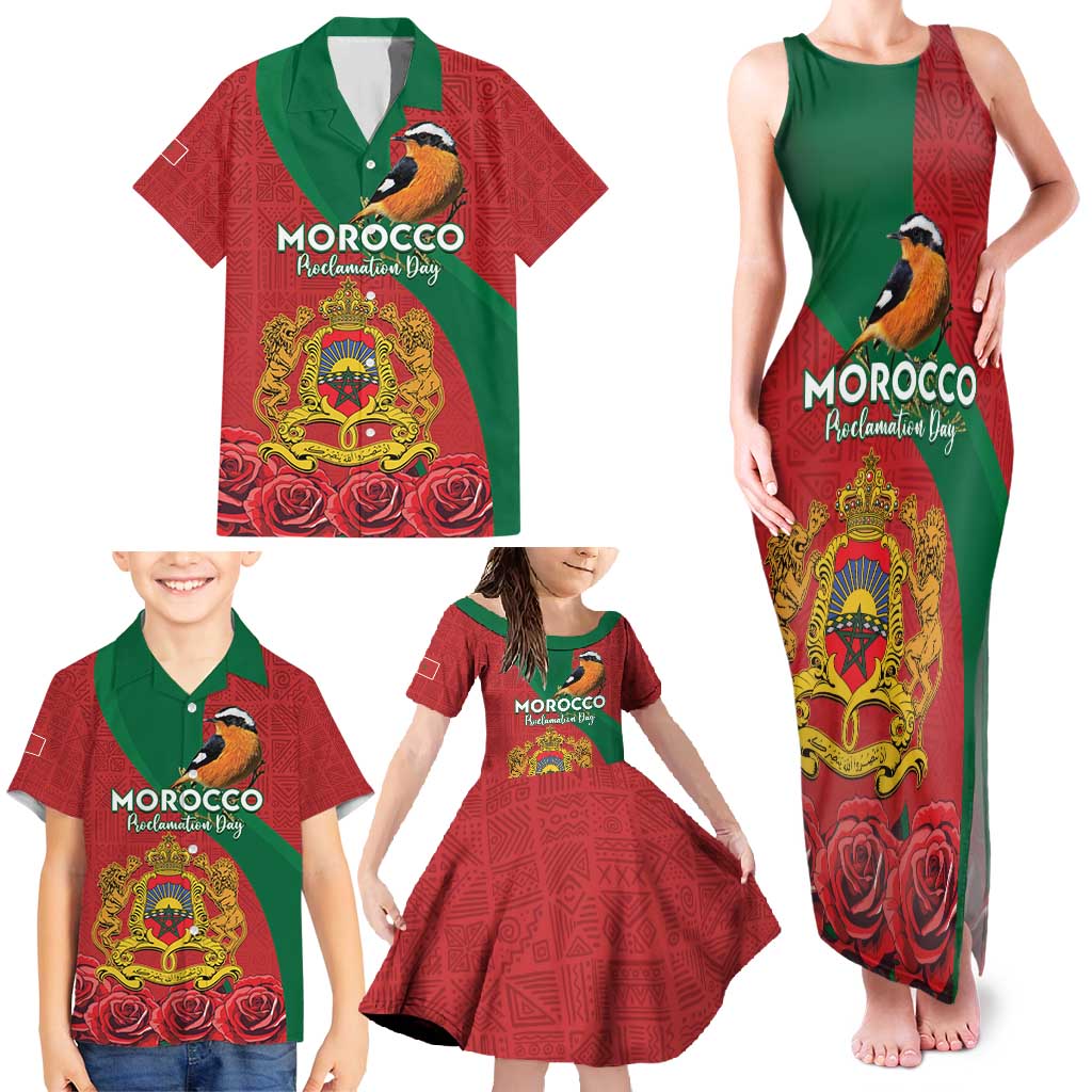 Personalised Morocco Proclamation Day Family Matching Tank Maxi Dress and Hawaiian Shirt Moussier's Redstart With Coat Of Arms - Wonder Print Shop