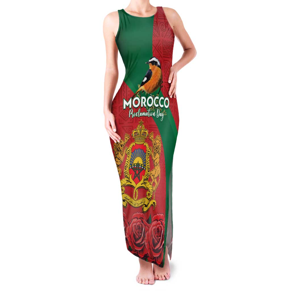 Personalised Morocco Proclamation Day Family Matching Tank Maxi Dress and Hawaiian Shirt Moussier's Redstart With Coat Of Arms - Wonder Print Shop
