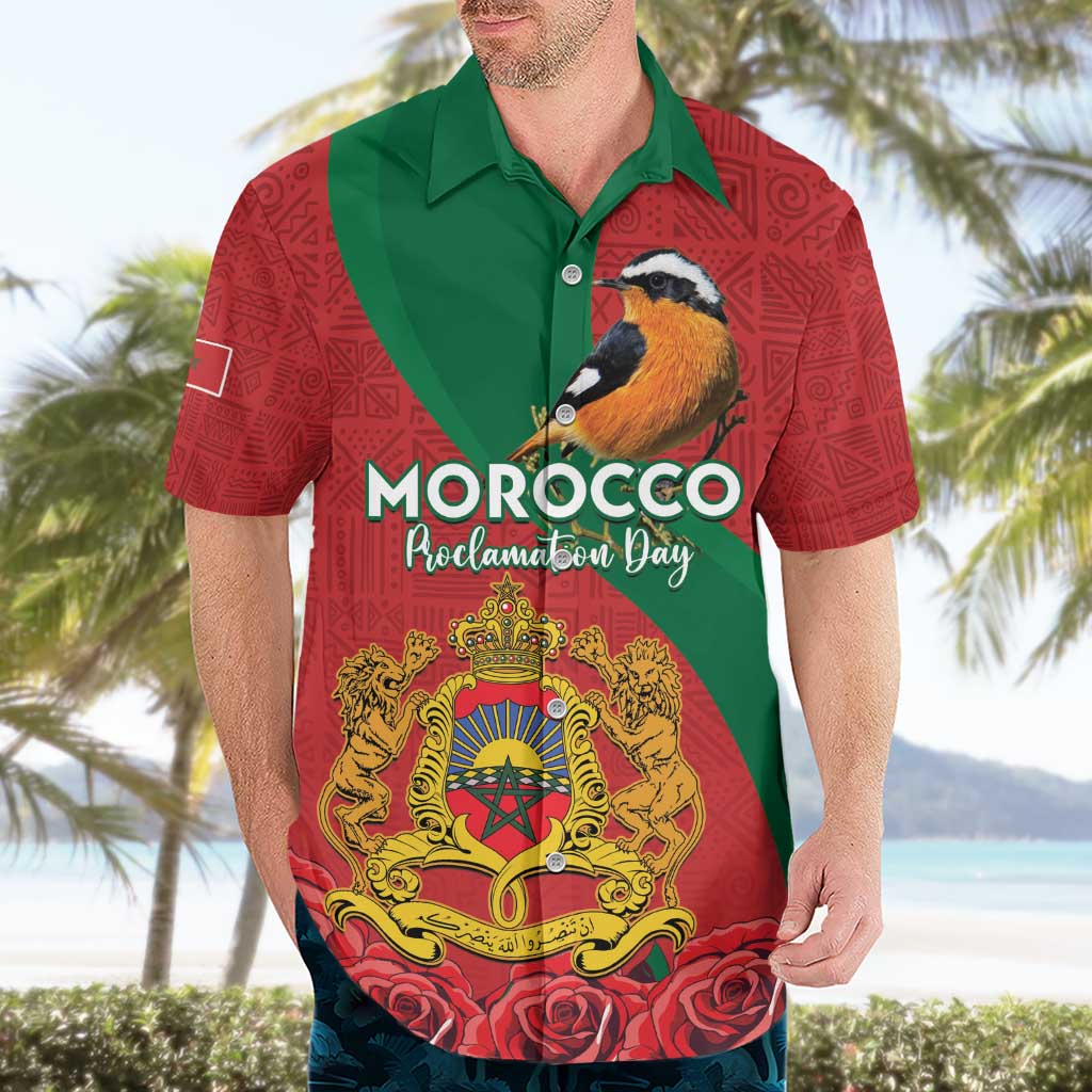 Personalised Morocco Proclamation Day Hawaiian Shirt Moussier's Redstart With Coat Of Arms - Wonder Print Shop