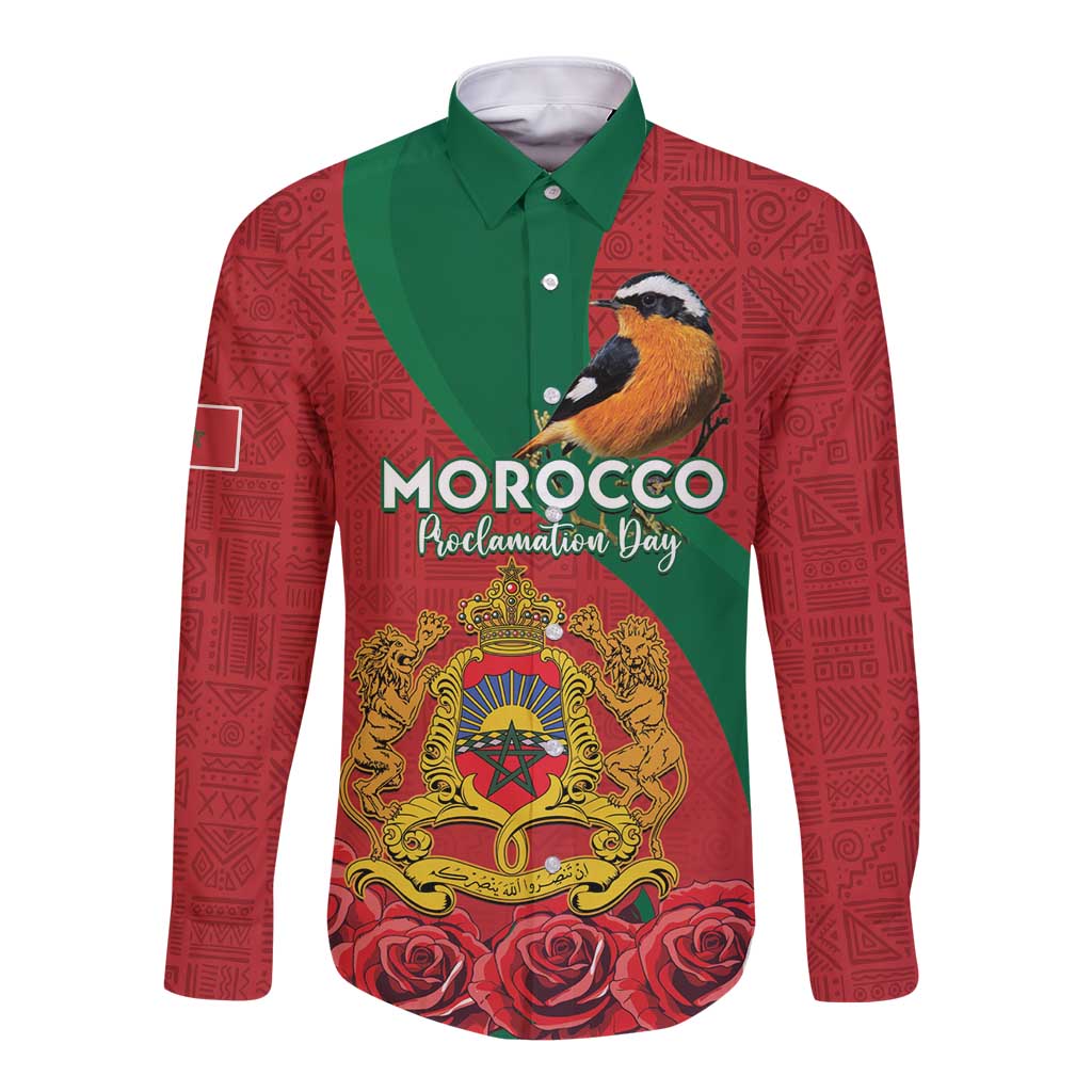 Personalised Morocco Proclamation Day Long Sleeve Button Shirt Moussier's Redstart With Coat Of Arms - Wonder Print Shop