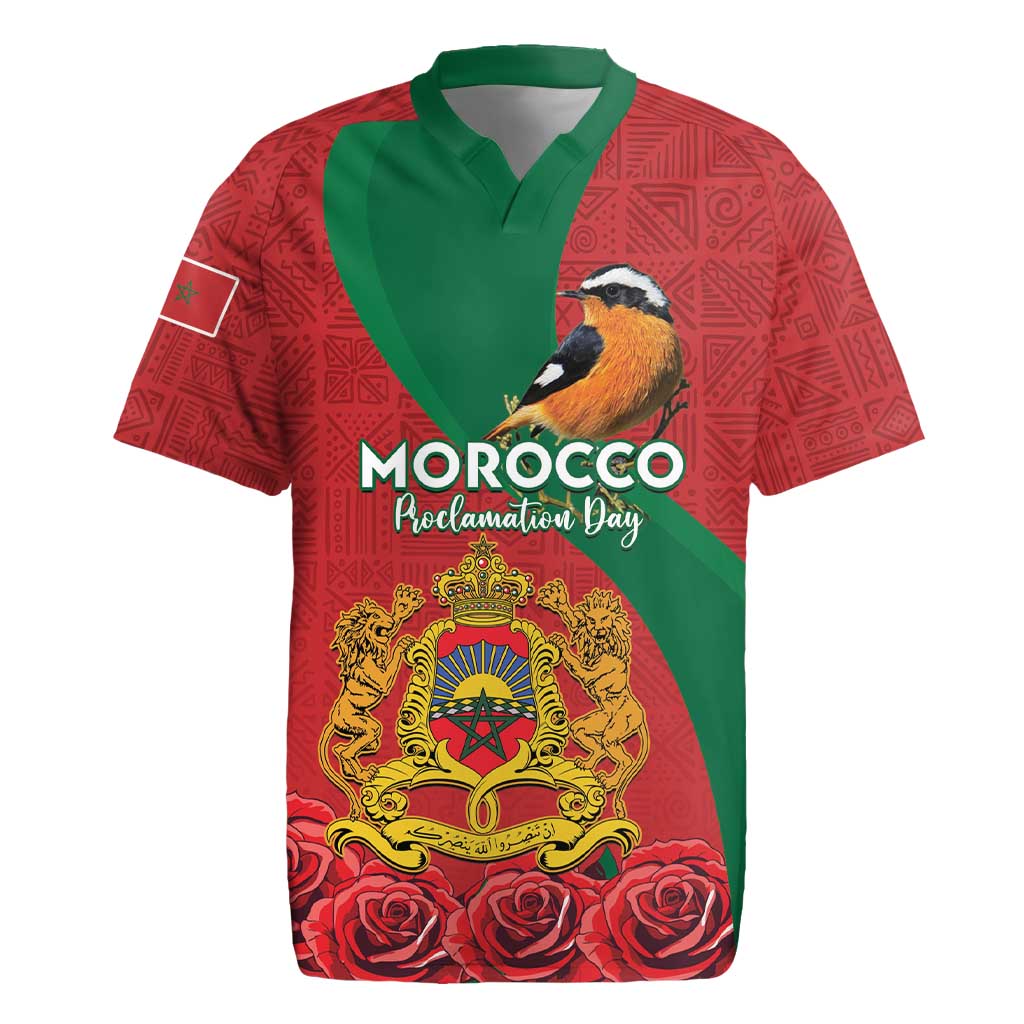 Personalised Morocco Proclamation Day Rugby Jersey Moussier's Redstart With Coat Of Arms - Wonder Print Shop