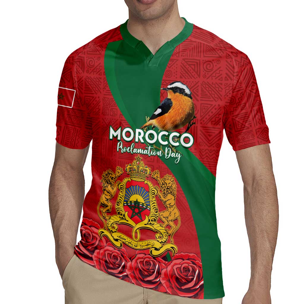 Personalised Morocco Proclamation Day Rugby Jersey Moussier's Redstart With Coat Of Arms - Wonder Print Shop