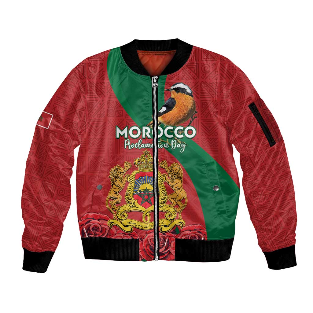 Personalised Morocco Proclamation Day Sleeve Zip Bomber Jacket Moussier's Redstart With Coat Of Arms - Wonder Print Shop