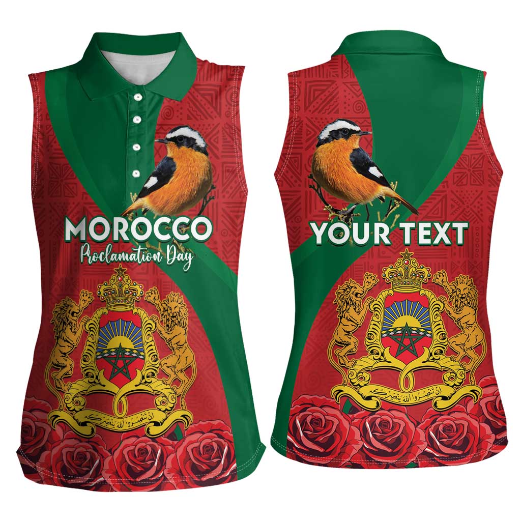 Personalised Morocco Proclamation Day Women Sleeveless Polo Shirt Moussier's Redstart With Coat Of Arms - Wonder Print Shop