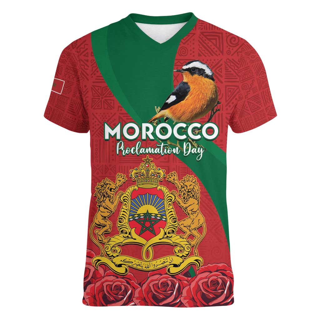 Personalised Morocco Proclamation Day Women V-Neck T-Shirt Moussier's Redstart With Coat Of Arms - Wonder Print Shop