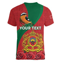 Personalised Morocco Proclamation Day Women V-Neck T-Shirt Moussier's Redstart With Coat Of Arms - Wonder Print Shop