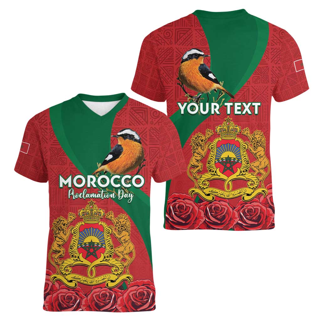 Personalised Morocco Proclamation Day Women V-Neck T-Shirt Moussier's Redstart With Coat Of Arms - Wonder Print Shop