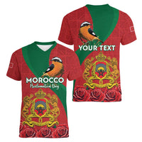 Personalised Morocco Proclamation Day Women V-Neck T-Shirt Moussier's Redstart With Coat Of Arms - Wonder Print Shop