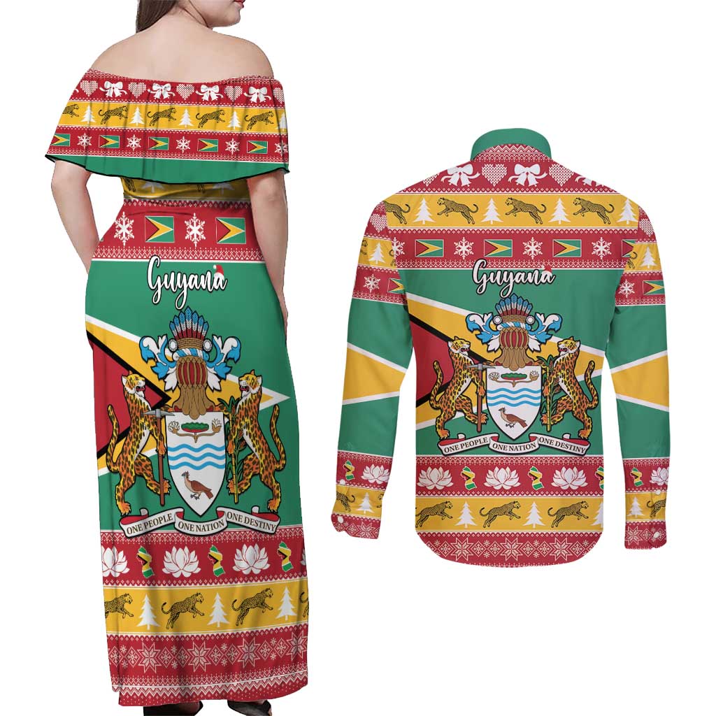 Guyana Christmas Couples Matching Off Shoulder Maxi Dress and Long Sleeve Button Shirt Coat Of Arms with Flag Style - Wonder Print Shop