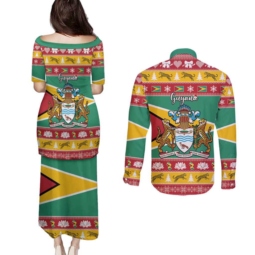 Guyana Christmas Couples Matching Puletasi and Long Sleeve Button Shirt Coat Of Arms with Flag Style - Wonder Print Shop