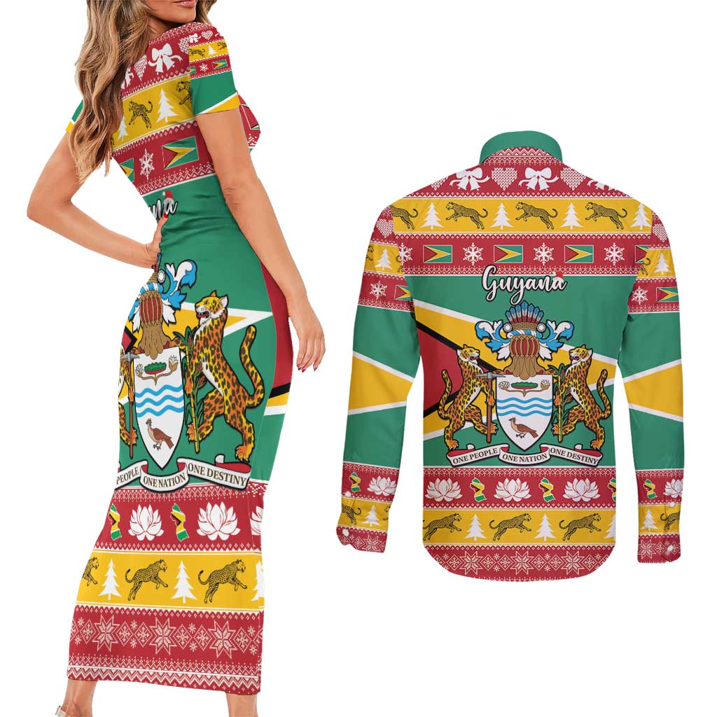 Guyana Christmas Couples Matching Short Sleeve Bodycon Dress and Long Sleeve Button Shirt Coat Of Arms with Flag Style - Wonder Print Shop