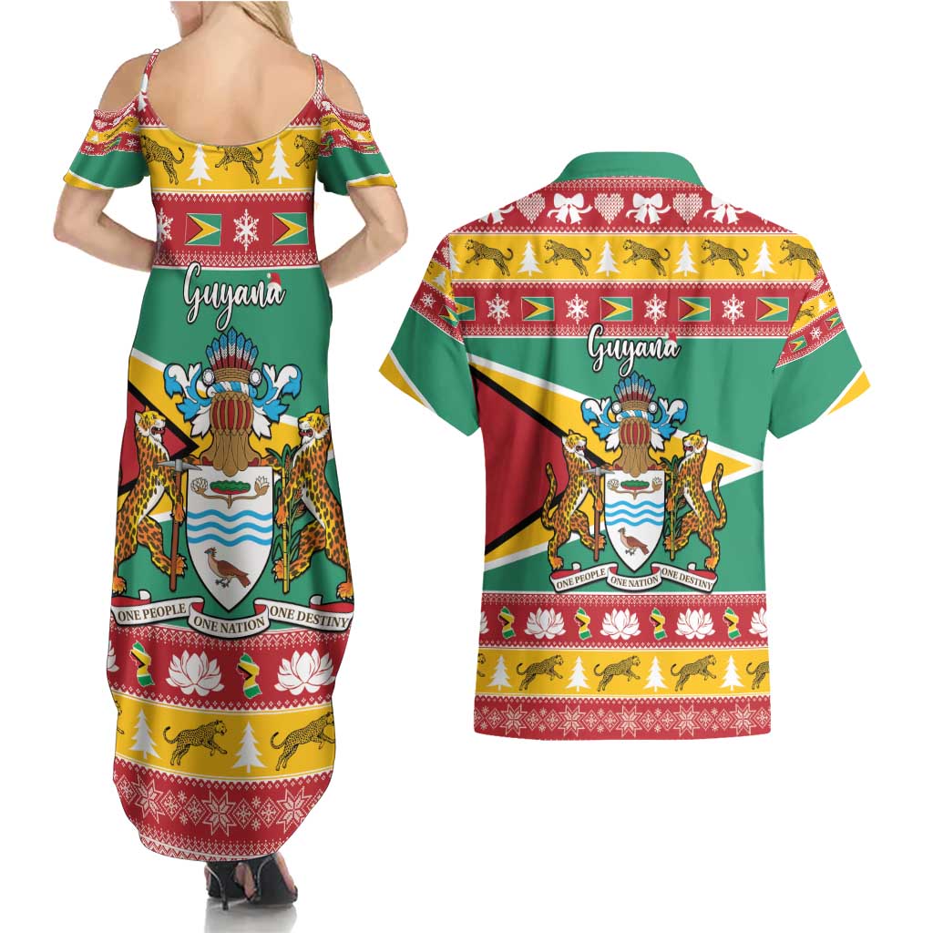 Guyana Christmas Couples Matching Summer Maxi Dress and Hawaiian Shirt Coat Of Arms with Flag Style - Wonder Print Shop