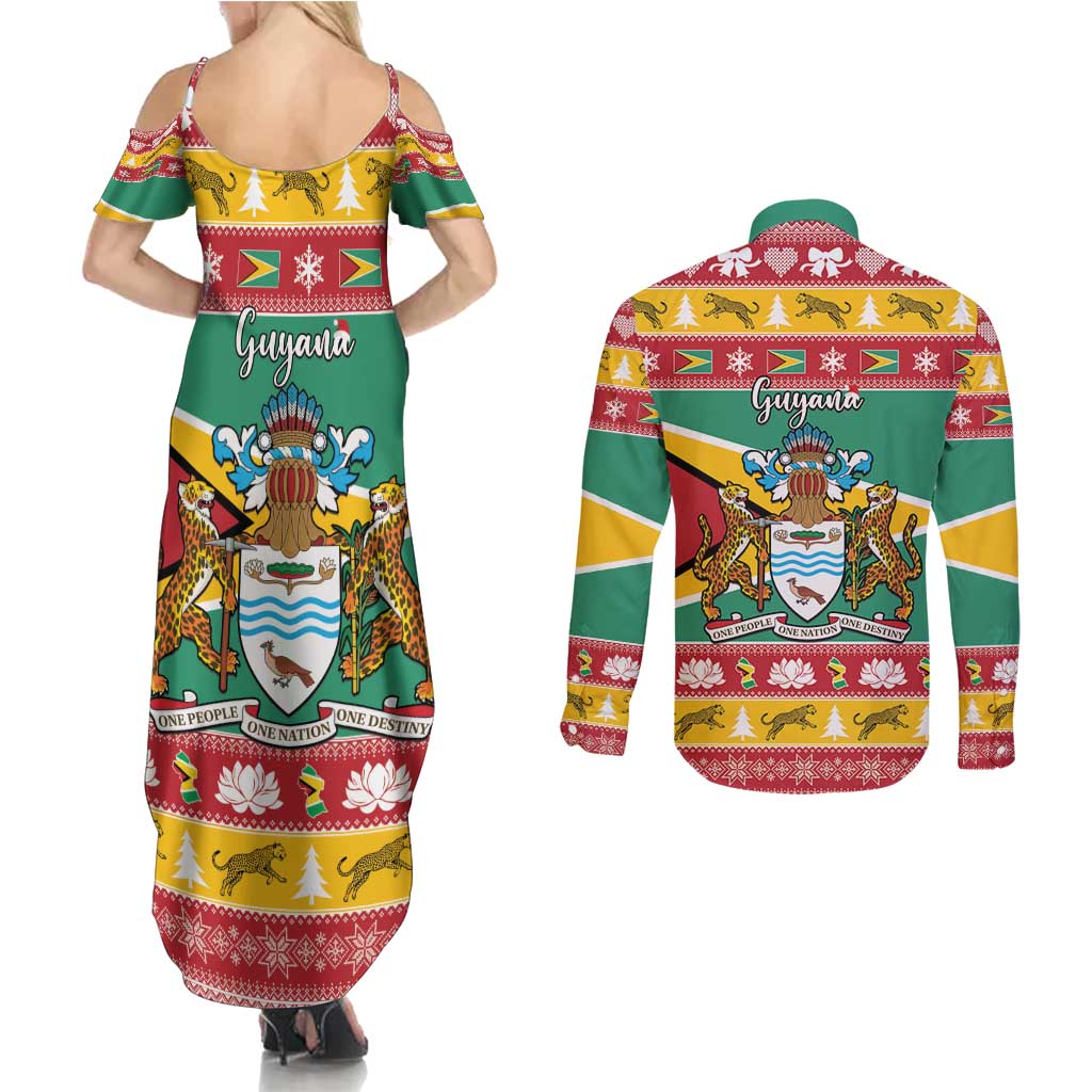 Guyana Christmas Couples Matching Summer Maxi Dress and Long Sleeve Button Shirt Coat Of Arms with Flag Style - Wonder Print Shop