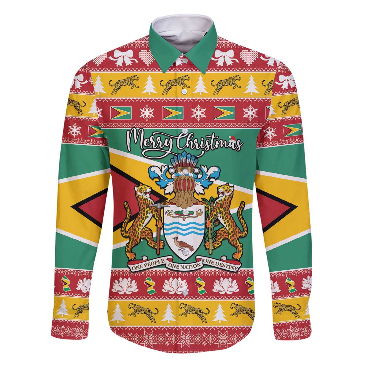 Guyana Christmas Family Matching Off The Shoulder Long Sleeve Dress and Hawaiian Shirt Coat Of Arms with Flag Style - Wonder Print Shop