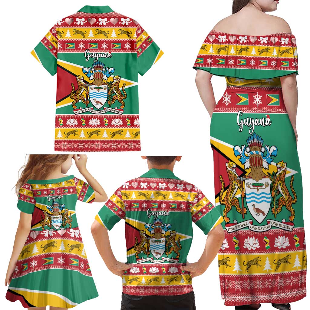 Guyana Christmas Family Matching Off Shoulder Maxi Dress and Hawaiian Shirt Coat Of Arms with Flag Style - Wonder Print Shop