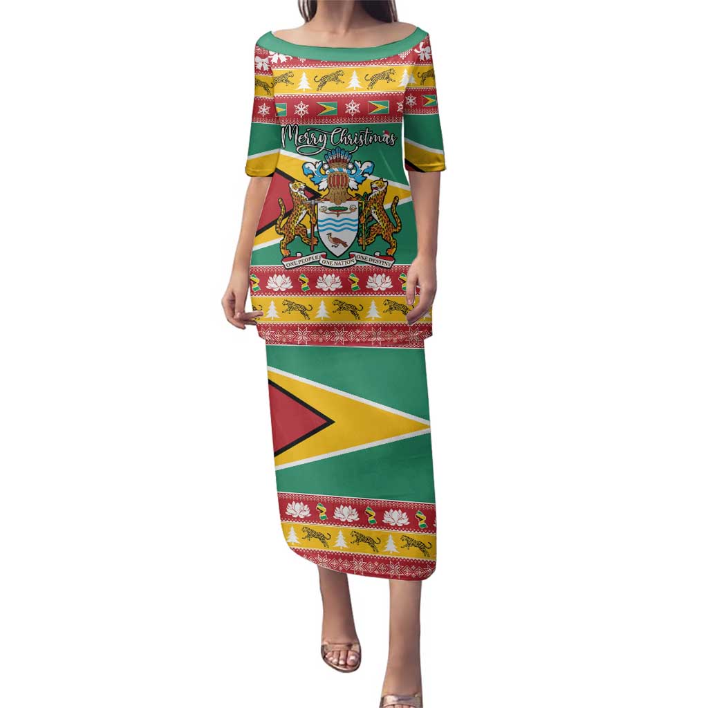 Guyana Christmas Family Matching Puletasi and Hawaiian Shirt Coat Of Arms with Flag Style - Wonder Print Shop