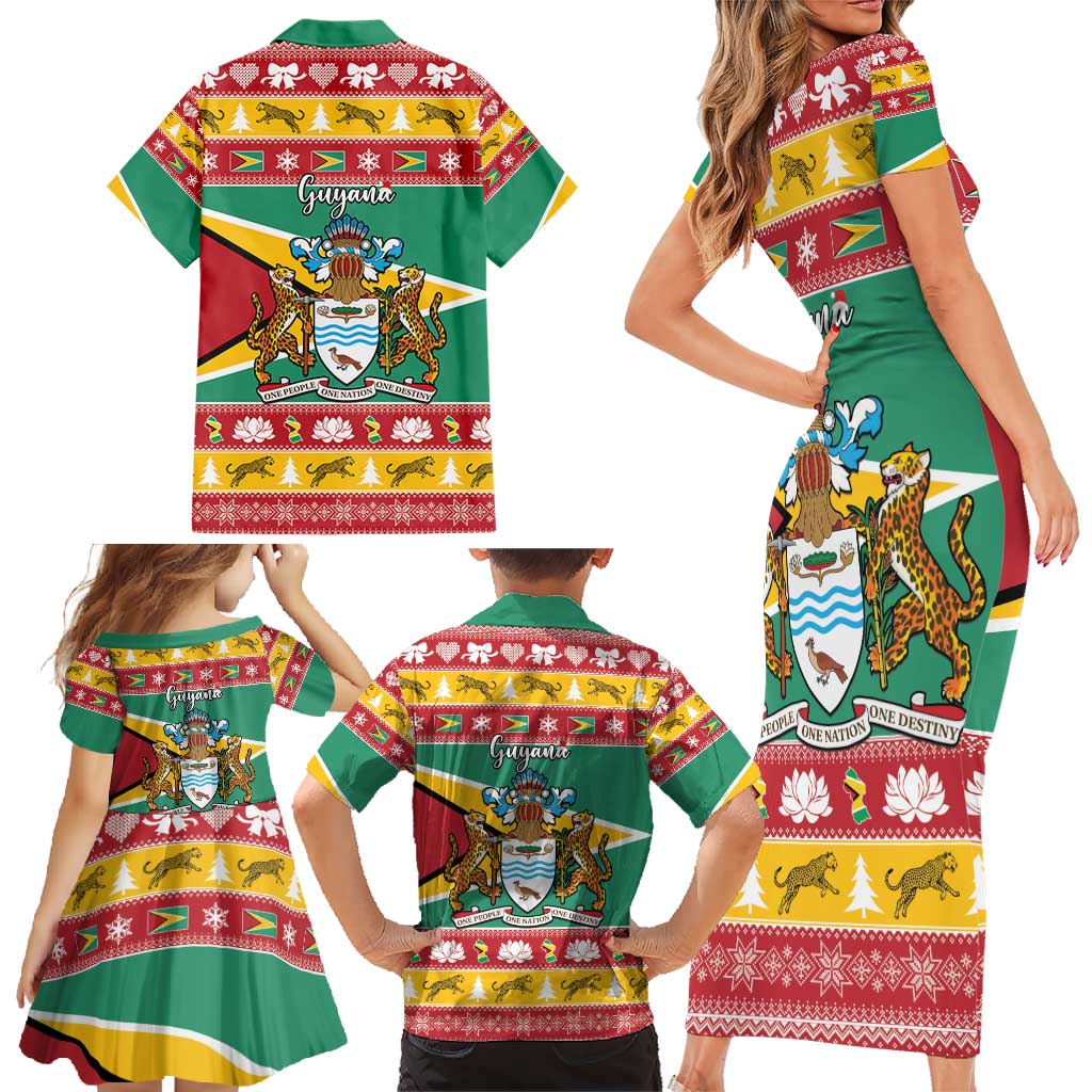 Guyana Christmas Family Matching Short Sleeve Bodycon Dress and Hawaiian Shirt Coat Of Arms with Flag Style - Wonder Print Shop