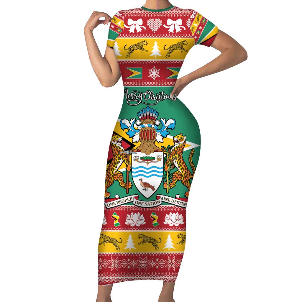 Guyana Christmas Family Matching Short Sleeve Bodycon Dress and Hawaiian Shirt Coat Of Arms with Flag Style - Wonder Print Shop