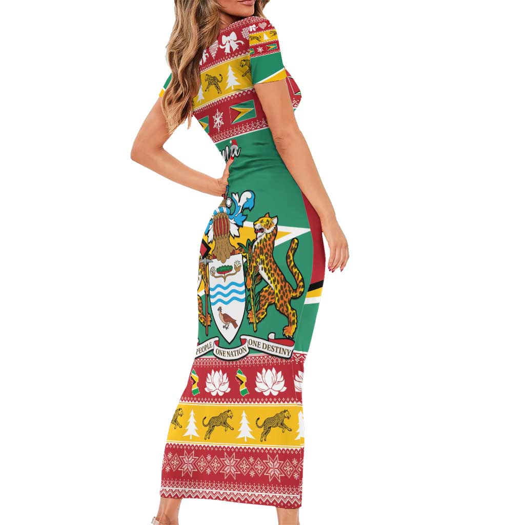 Guyana Christmas Family Matching Short Sleeve Bodycon Dress and Hawaiian Shirt Coat Of Arms with Flag Style - Wonder Print Shop