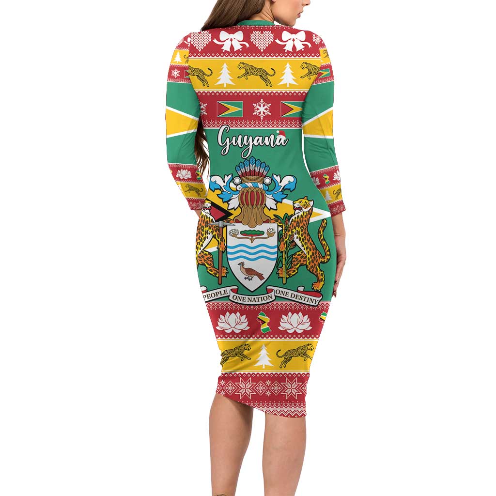 Guyana Christmas Long Sleeve Bodycon Dress Coat Of Arms with Flag Style - Wonder Print Shop