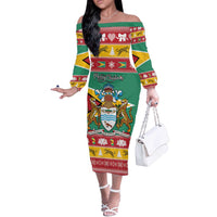 Guyana Christmas Off The Shoulder Long Sleeve Dress Coat Of Arms with Flag Style - Wonder Print Shop
