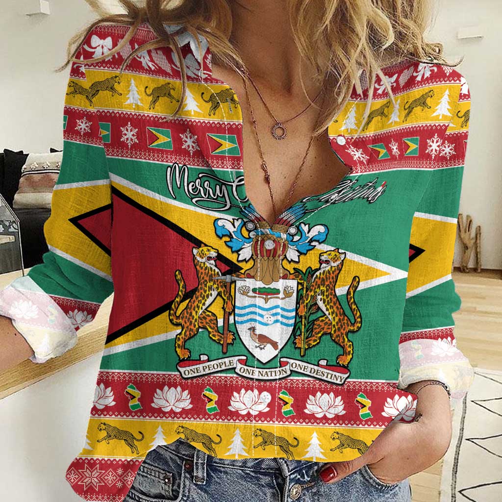 Guyana Christmas Women Casual Shirt Coat Of Arms with Flag Style - Wonder Print Shop