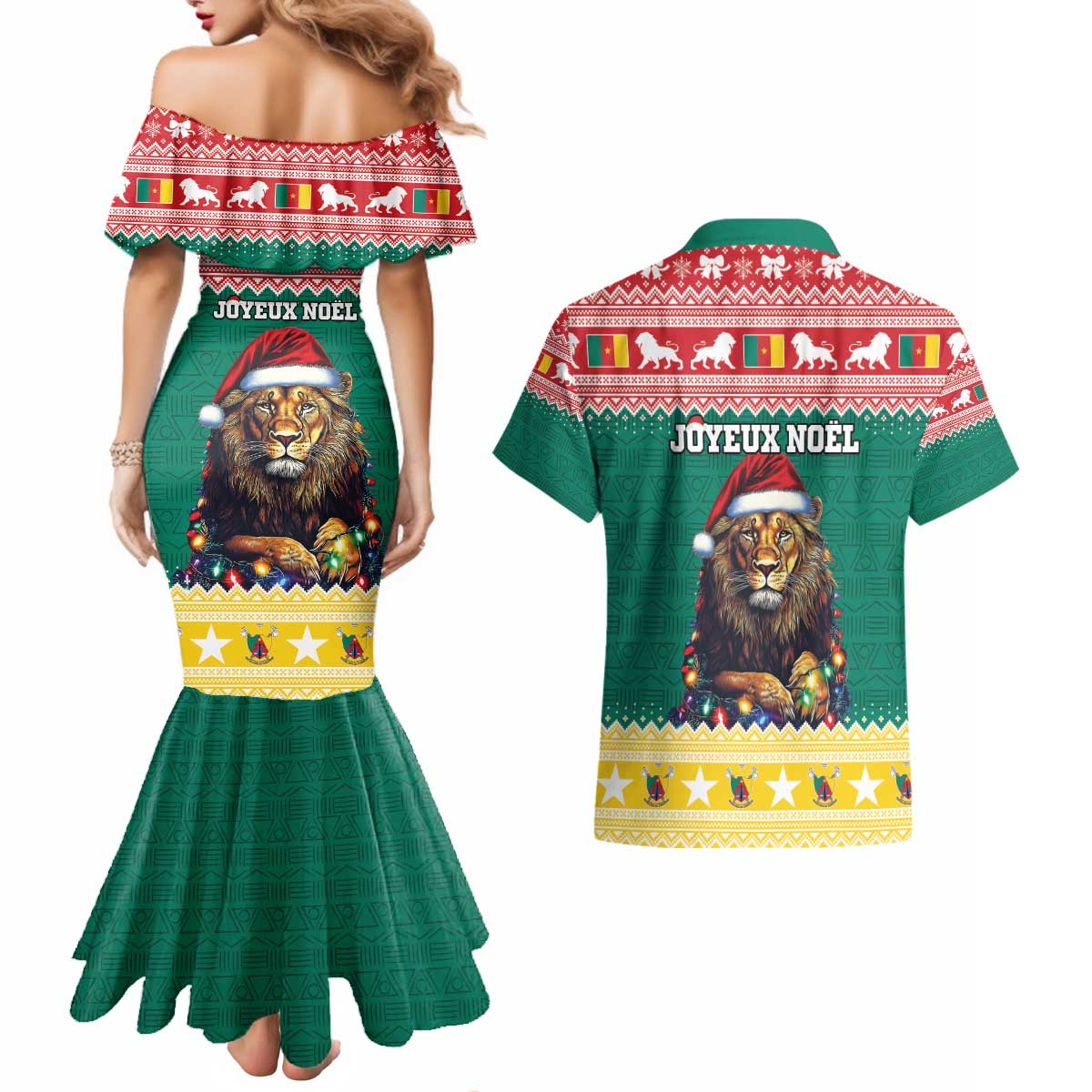 Cameroon Christmas Couples Matching Mermaid Dress and Hawaiian Shirt Lion Santa Joyeux Noel - Wonder Print Shop