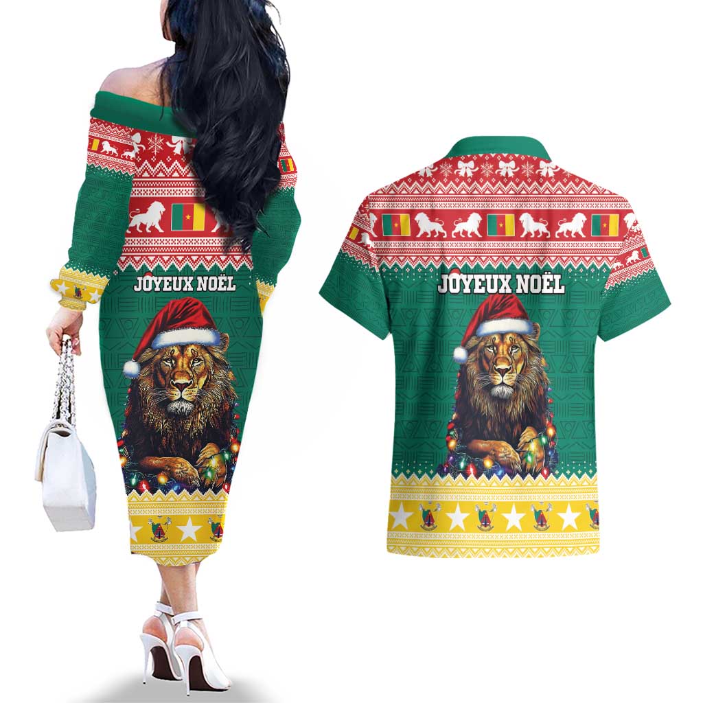 Cameroon Christmas Couples Matching Off The Shoulder Long Sleeve Dress and Hawaiian Shirt Lion Santa Joyeux Noel - Wonder Print Shop