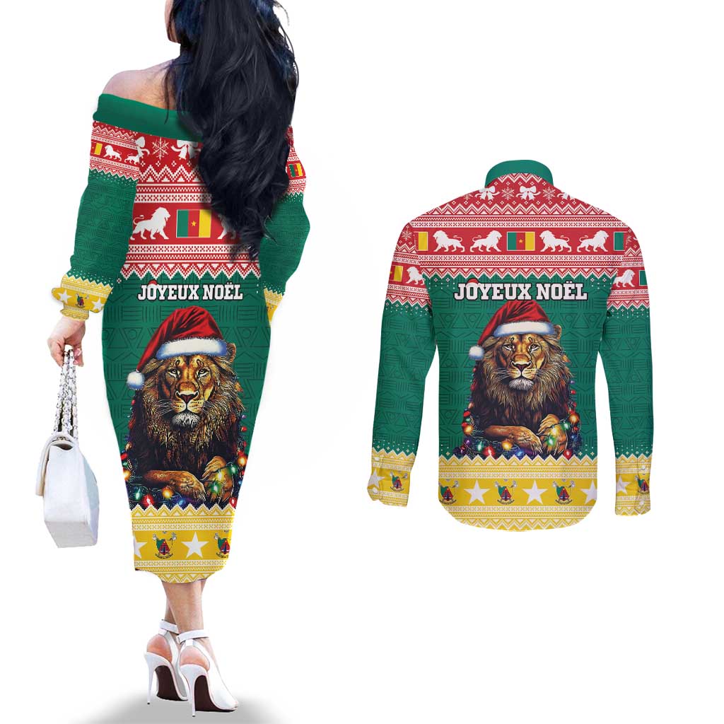 Cameroon Christmas Couples Matching Off The Shoulder Long Sleeve Dress and Long Sleeve Button Shirt Lion Santa Joyeux Noel