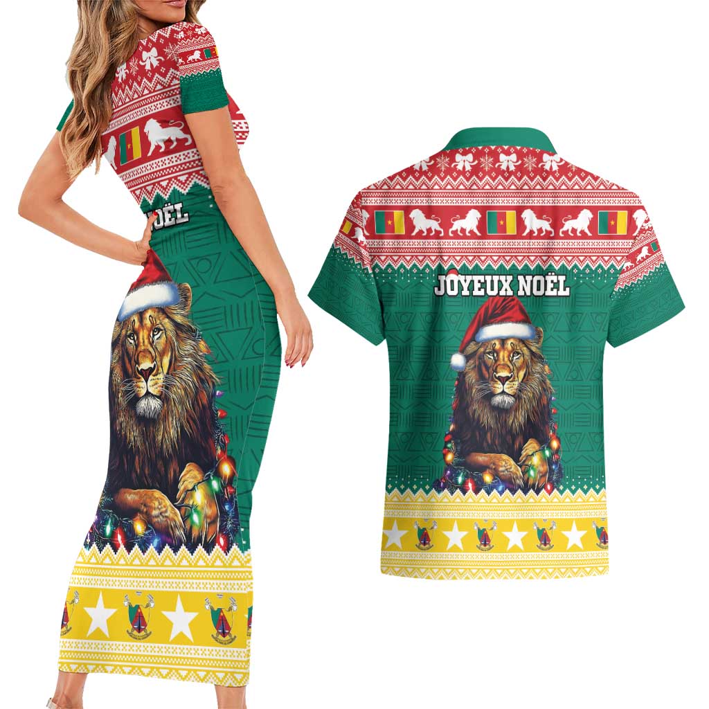 Cameroon Christmas Couples Matching Short Sleeve Bodycon Dress and Hawaiian Shirt Lion Santa Joyeux Noel - Wonder Print Shop
